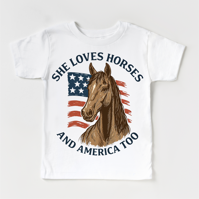 She Loves Horses And American Too T-Shirt - Cowgirl and 4th Of July Tee