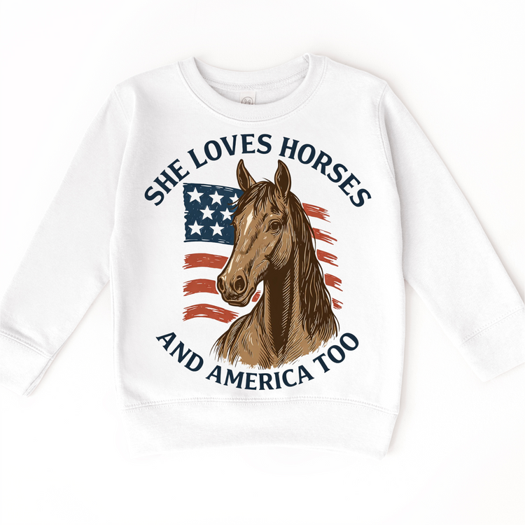 She Loves Horses And American Too T-Shirt - Cowgirl and 4th Of July Tee