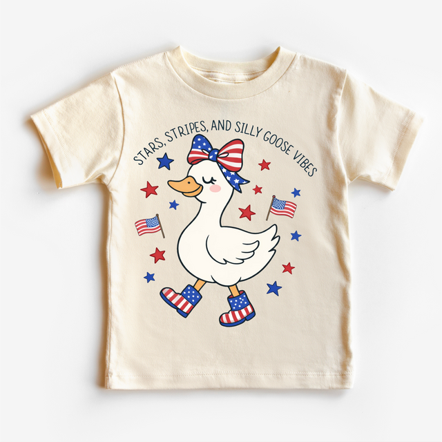 Stars, Stripes & Silly Goose Vibes Kids Patriotic T-Shirt | Cute 4th of July Silly Goose Tee