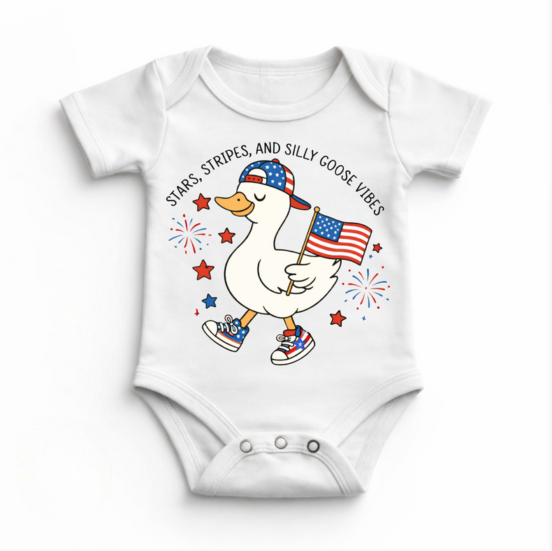 Stars Stripes Silly Goose Bodysuit / Onesies® – Patriotic Baby Outfit – 4th of July Baby Onesie – Funny Goose Baby Shirt