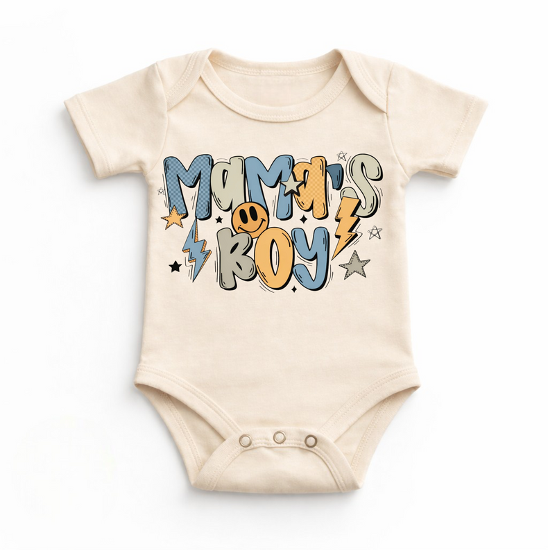 Mama’s Boy Baby Bodysuit / Onesies® | Retro Smiley Infant Outfit | Cute Boy Baby Clothes | Trendy Lightning Star Graphic