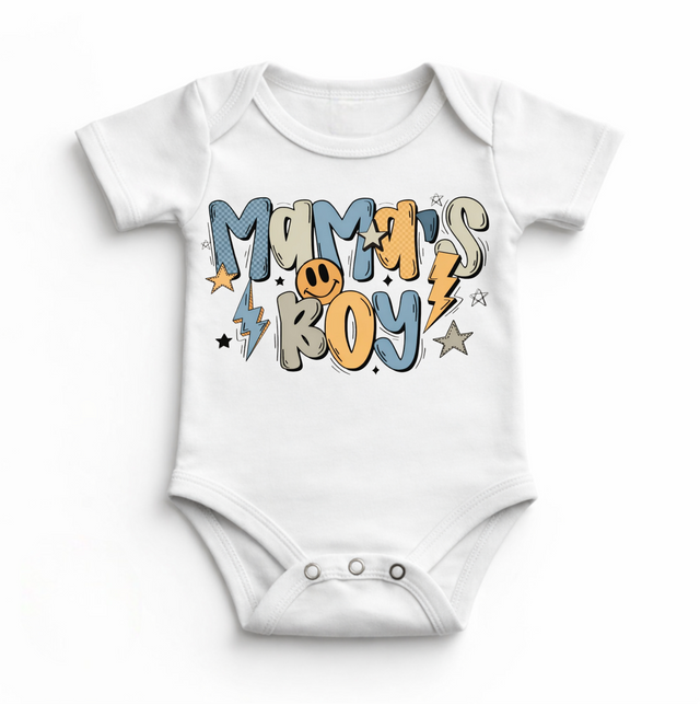 Mama’s Boy Baby Bodysuit / Onesies® | Retro Smiley Infant Outfit | Cute Boy Baby Clothes | Trendy Lightning Star Graphic