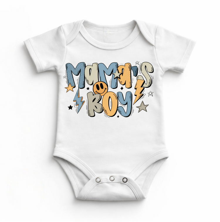 Mama’s Boy Baby Bodysuit / Onesies® | Retro Smiley Infant Outfit | Cute Boy Baby Clothes | Trendy Lightning Star Graphic