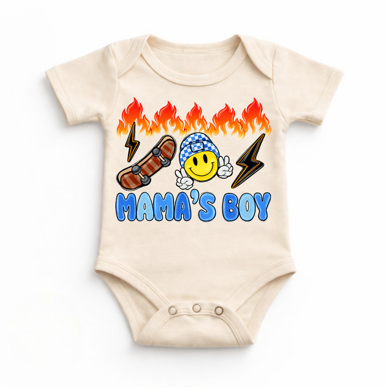 Mama’s Boy Baby Bodysuit / Onesies® | Skater Smiley Infant Outfit | Cool Boy Baby Clothes | Flame Skateboard Graphic