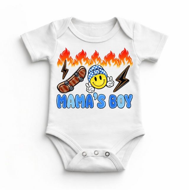 Mama’s Boy Baby Bodysuit / Onesies® | Skater Smiley Infant Outfit | Cool Boy Baby Clothes | Flame Skateboard Graphic