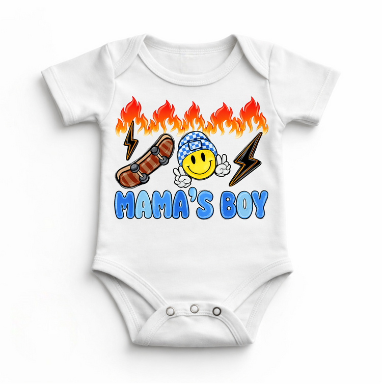 Mama’s Boy Baby Bodysuit / Onesies® | Skater Smiley Infant Outfit | Cool Boy Baby Clothes | Flame Skateboard Graphic