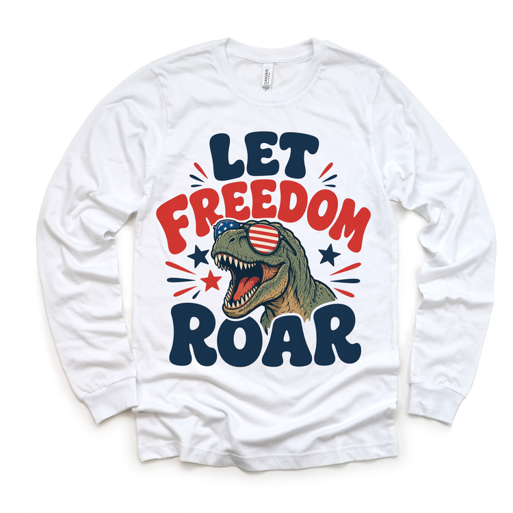 Kids Patriotic Dinosaur T-Shirt – “Let Freedom Roar” Graphic Tee – 4th of July Kids Shirt – Funny USA Dino Tee