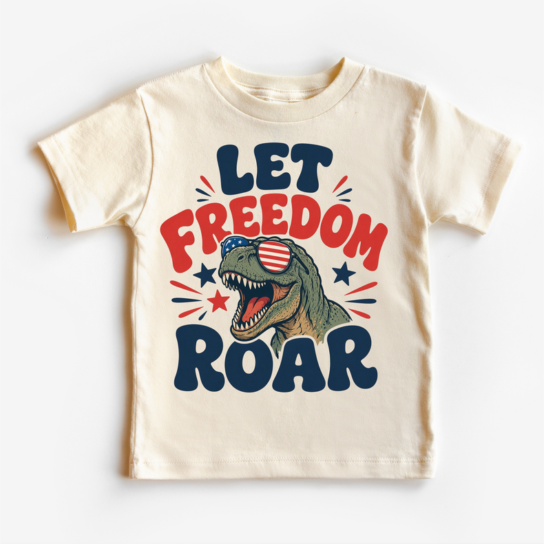 Kids Patriotic Dinosaur T-Shirt – “Let Freedom Roar” Graphic Tee – 4th of July Kids Shirt – Funny USA Dino Tee