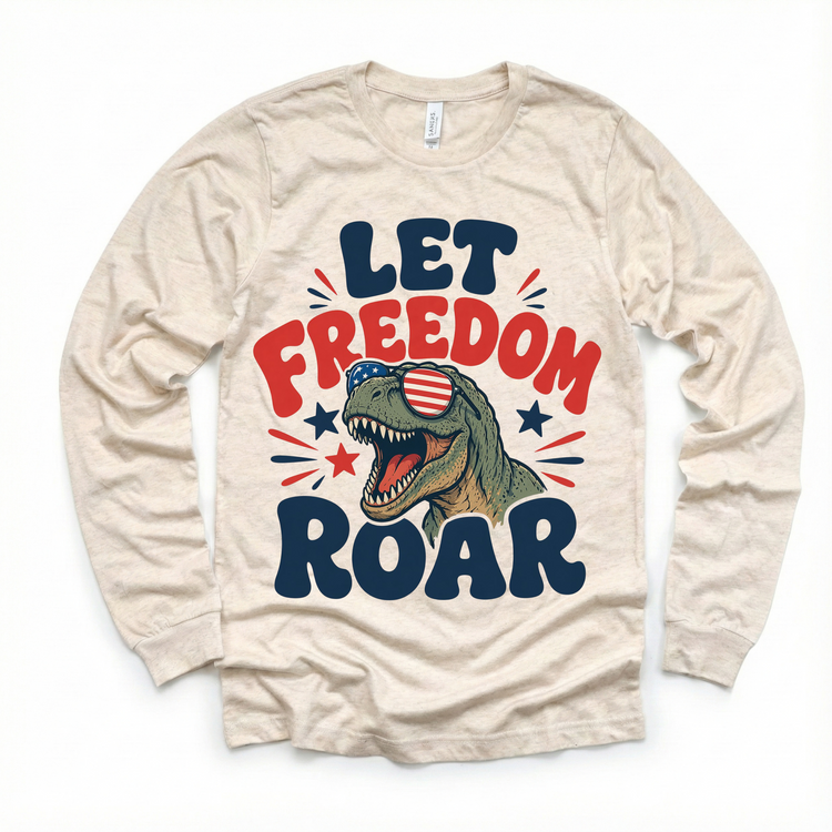 Kids Patriotic Dinosaur T-Shirt – “Let Freedom Roar” Graphic Tee – 4th of July Kids Shirt – Funny USA Dino Tee