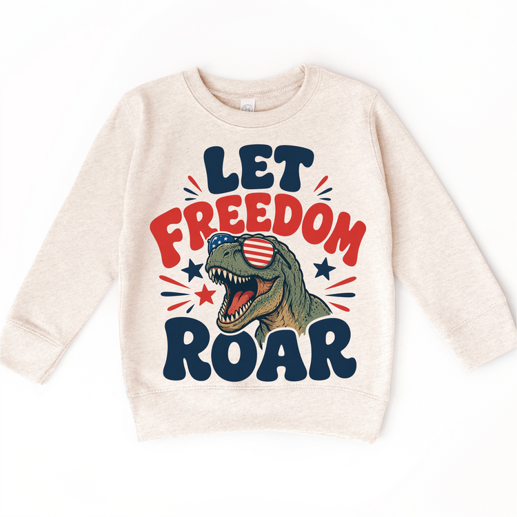 Kids Patriotic Dinosaur T-Shirt – “Let Freedom Roar” Graphic Tee – 4th of July Kids Shirt – Funny USA Dino Tee