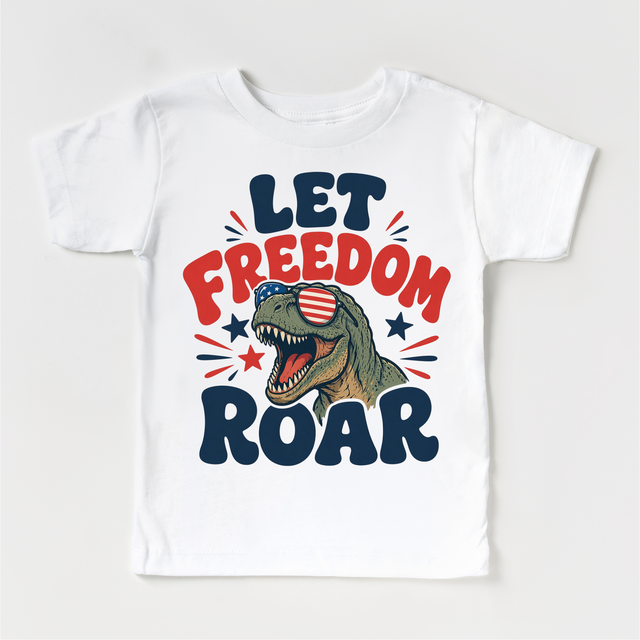 Kids Patriotic Dinosaur T-Shirt – “Let Freedom Roar” Graphic Tee – 4th of July Kids Shirt – Funny USA Dino Tee
