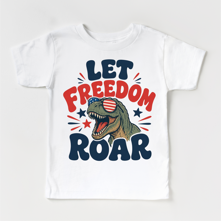 Kids Patriotic Dinosaur T-Shirt – “Let Freedom Roar” Graphic Tee – 4th of July Kids Shirt – Funny USA Dino Tee