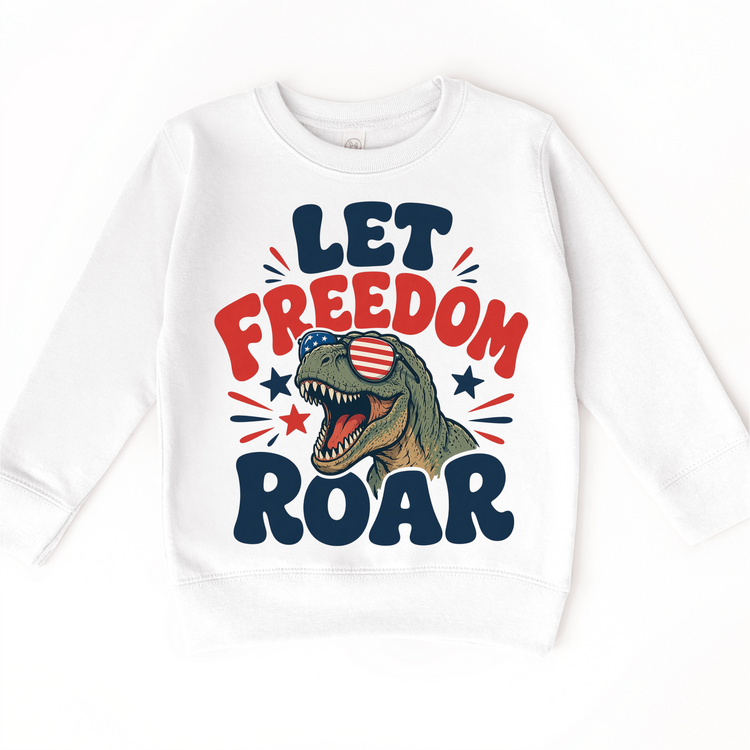 Kids Patriotic Dinosaur T-Shirt – “Let Freedom Roar” Graphic Tee – 4th of July Kids Shirt – Funny USA Dino Tee
