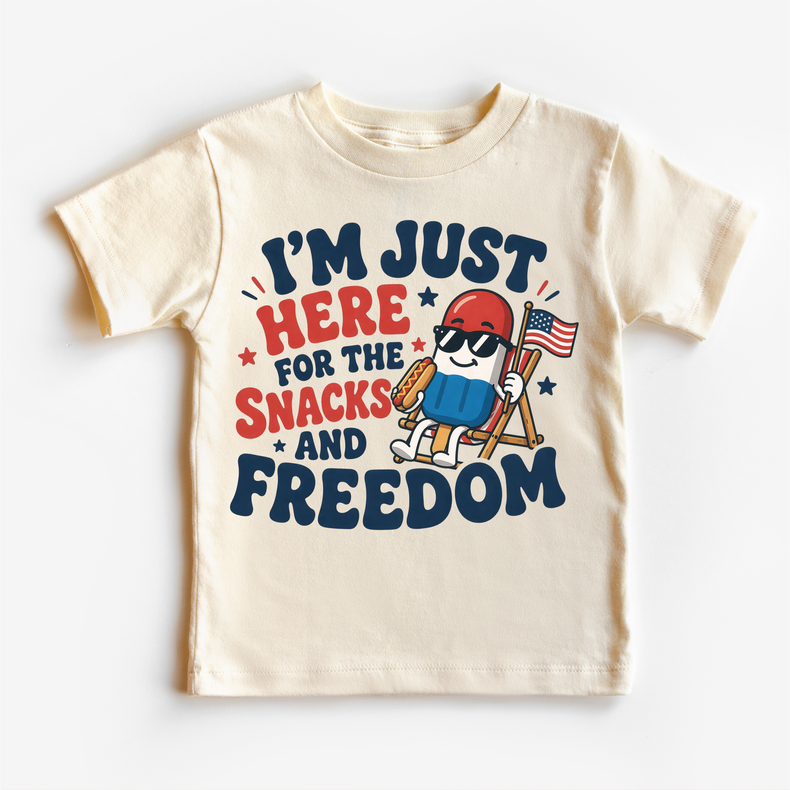 Funny Kids 4th of July Shirt – I’m Just Here for the Snacks and Freedom Tee – Patriotic Popsicle Hotdog Graphic T-Shirt