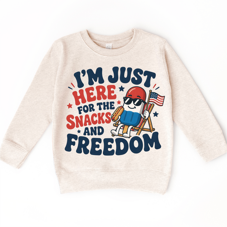 Funny Kids 4th of July Shirt – I’m Just Here for the Snacks and Freedom Tee – Patriotic Popsicle Hotdog Graphic T-Shirt