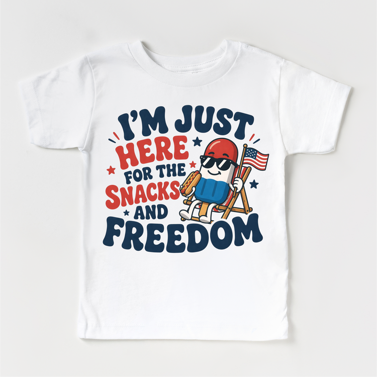 Funny Kids 4th of July Shirt – I’m Just Here for the Snacks and Freedom Tee – Patriotic Popsicle Hotdog Graphic T-Shirt