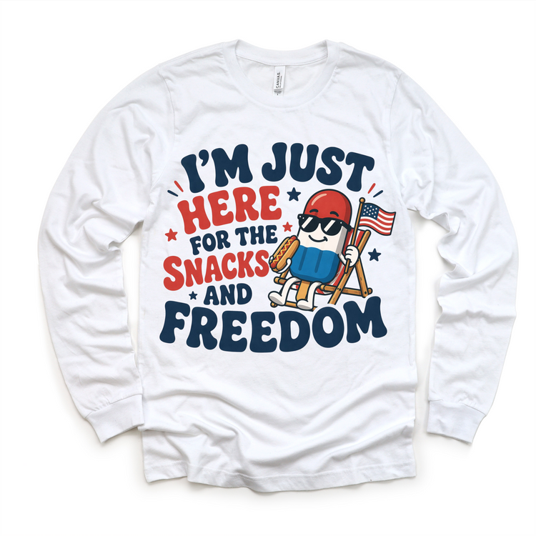Funny Kids 4th of July Shirt – I’m Just Here for the Snacks and Freedom Tee – Patriotic Popsicle Hotdog Graphic T-Shirt