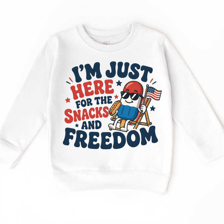 Funny Kids 4th of July Shirt – I’m Just Here for the Snacks and Freedom Tee – Patriotic Popsicle Hotdog Graphic T-Shirt