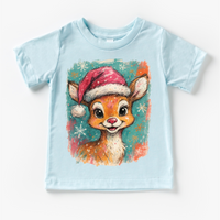 Rudolph Christmas Reindeer design on a blue garment.