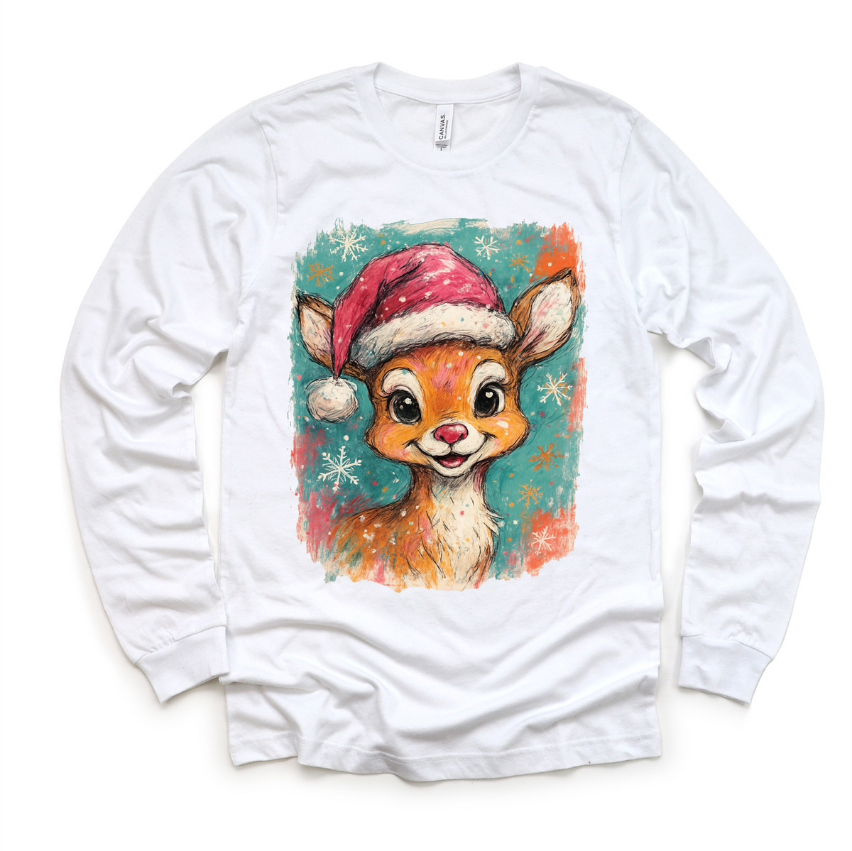 Rudolph Christmas Reindeer design on a long sleeve shirt.