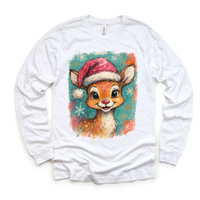 Rudolph Christmas Reindeer design on a long sleeve shirt.