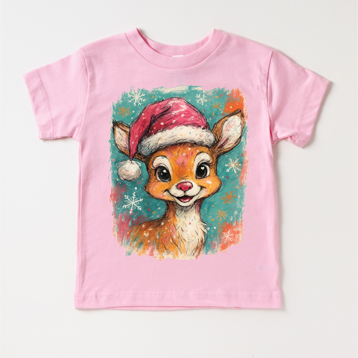 Rudolph Christmas Reindeer design on a pink garment.
