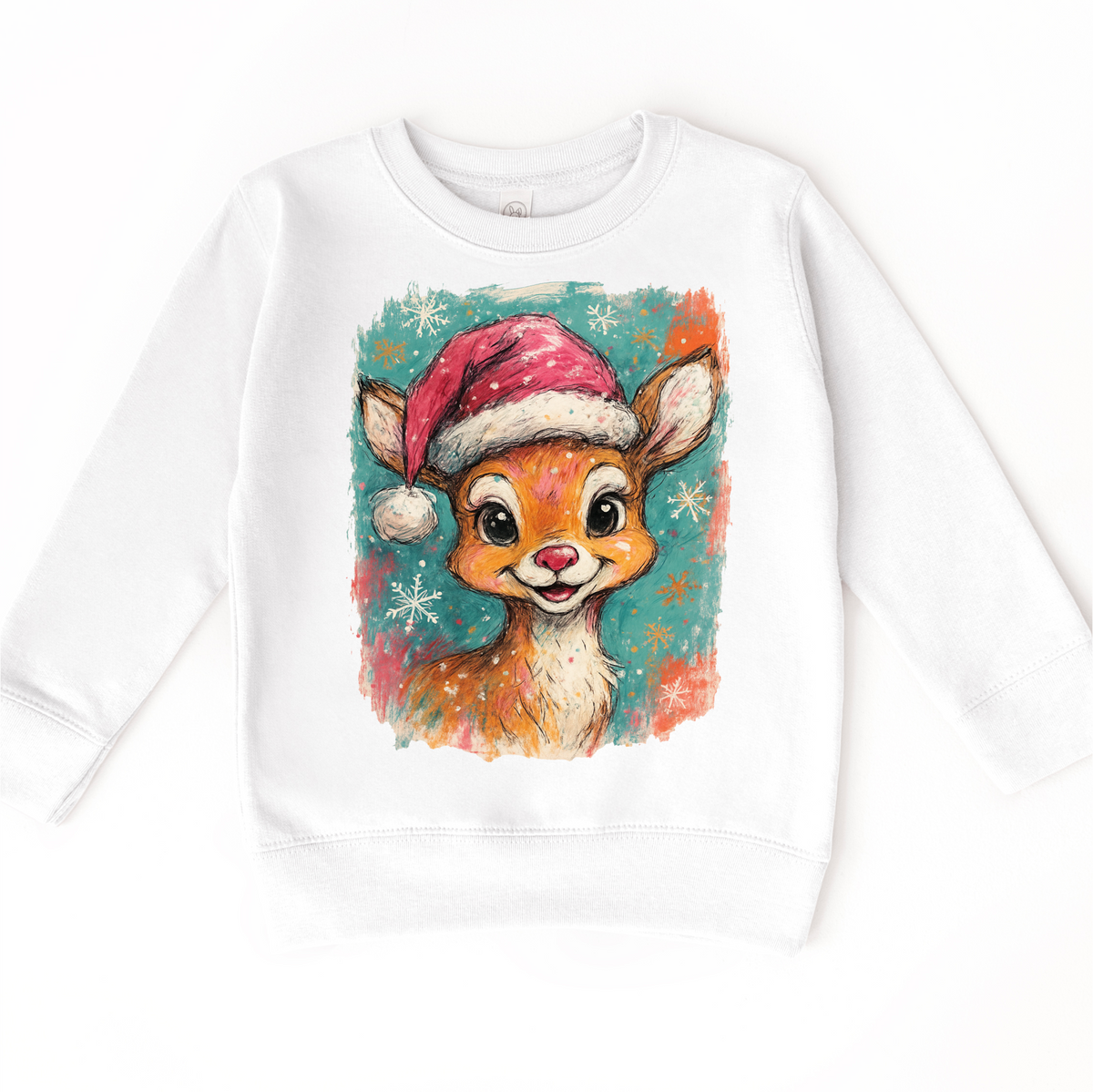 Rudolph Christmas Reindeer design on a white sweatshirt.