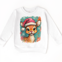 Rudolph Christmas Reindeer design on a white sweatshirt.