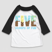 Five Scoops Of Fun Ice Cream Birthday design on a black-accented shirt.