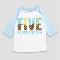 Five Scoops Of Fun Ice Cream Birthday design on a blue garment.