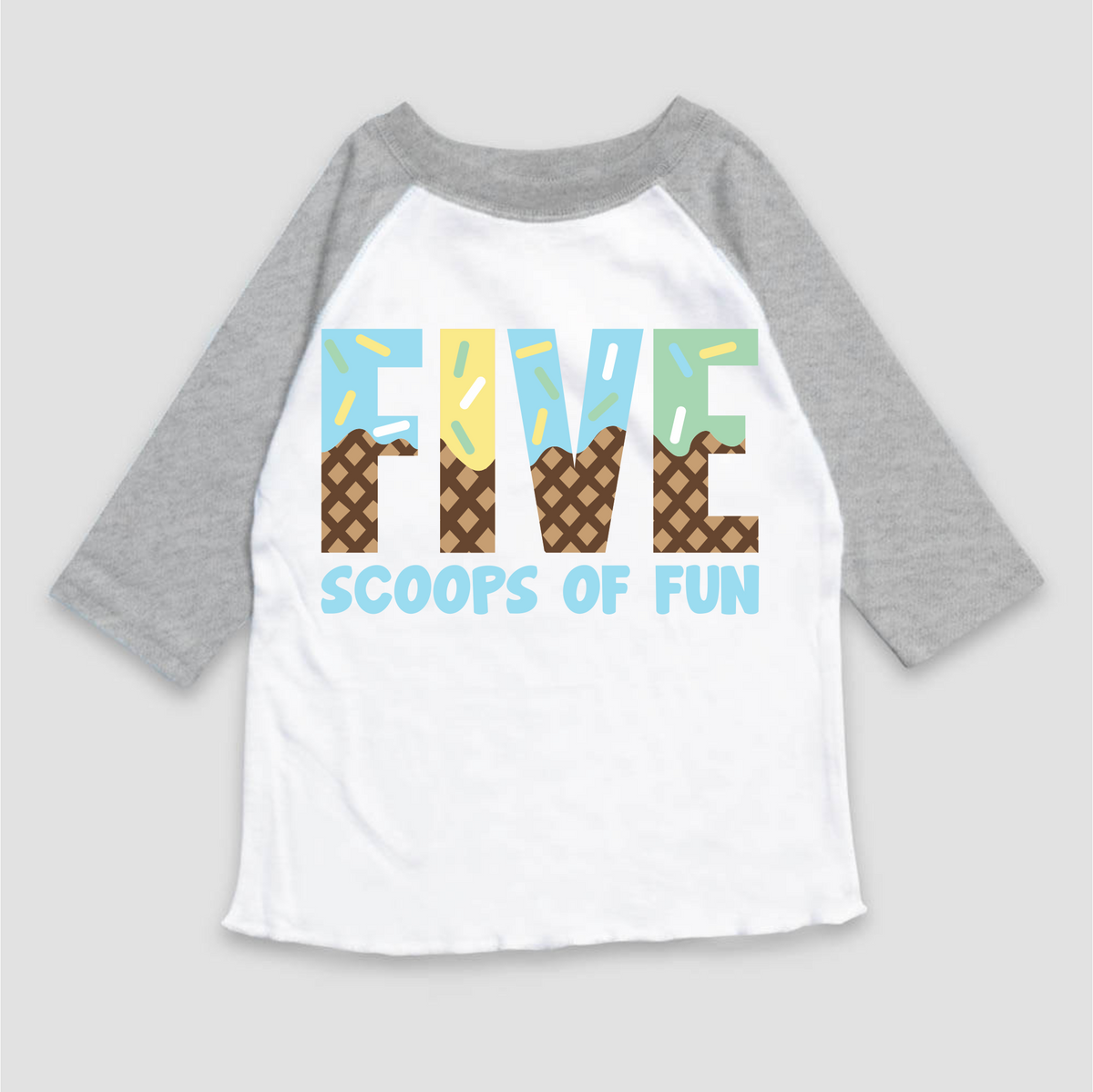Five Scoops Of Fun Ice Cream Birthday design on a gray garment.