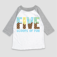Five Scoops Of Fun Ice Cream Birthday design on a gray garment.