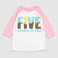 Five Scoops Of Fun Ice Cream Birthday design on a pink garment.