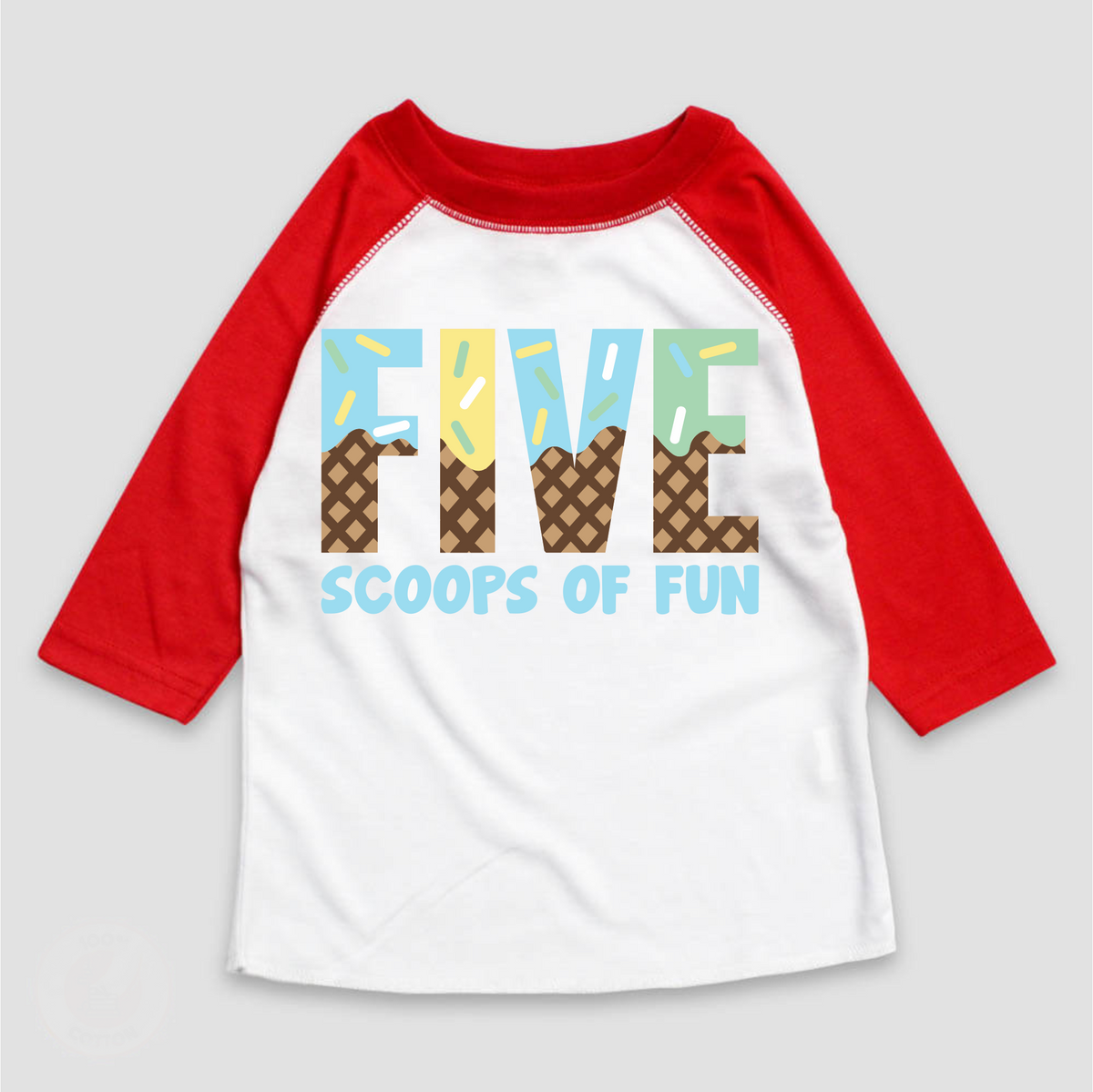 Five Scoops Of Fun Ice Cream Birthday design on a red-accented shirt.