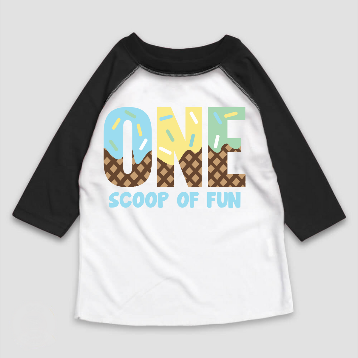 One Scoop Of Fun Ice Cream Birthday design on a black-accented shirt.