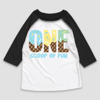 One Scoop Of Fun Ice Cream Birthday design on a black-accented shirt.