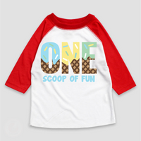 One Scoop Of Fun Ice Cream Birthday design on a red-accented shirt.