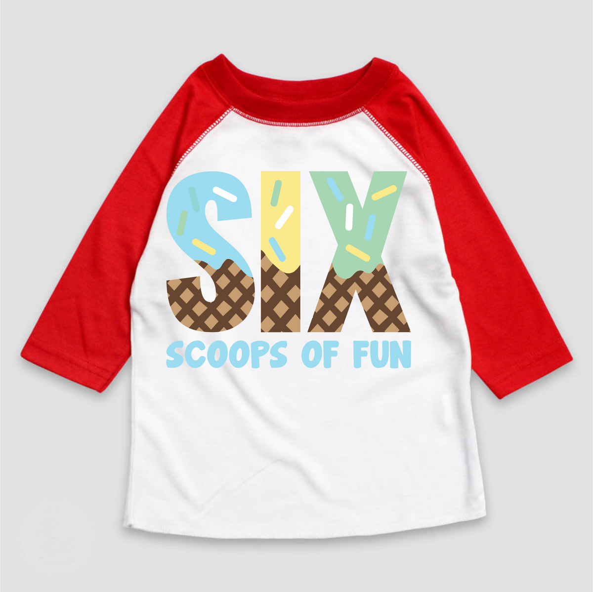 Six Scoops Of Fun Ice Cream Birthday design on a red-accented shirt.