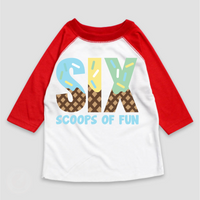Six Scoops Of Fun Ice Cream Birthday design on a red-accented shirt.