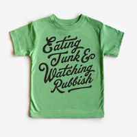 Eating Junk And Watching Rubbish Christmas design on a green garment.