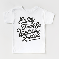 Eating Junk And Watching Rubbish Christmas design on a white garment.
