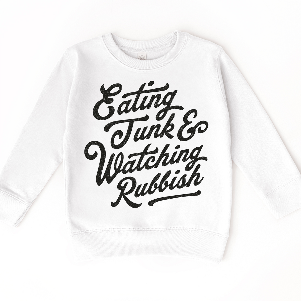 Eating Junk And Watching Rubbish Christmas design on a white sweatshirt.