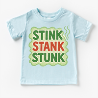 Stink Stank Stunk Christmas design on a blue garment.