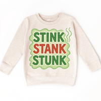 Stink Stank Stunk Christmas design on a natural sweatshirt.