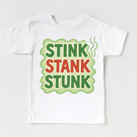Stink Stank Stunk Christmas design on a white garment.