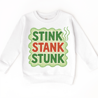 Stink Stank Stunk Christmas design on a white sweatshirt.
