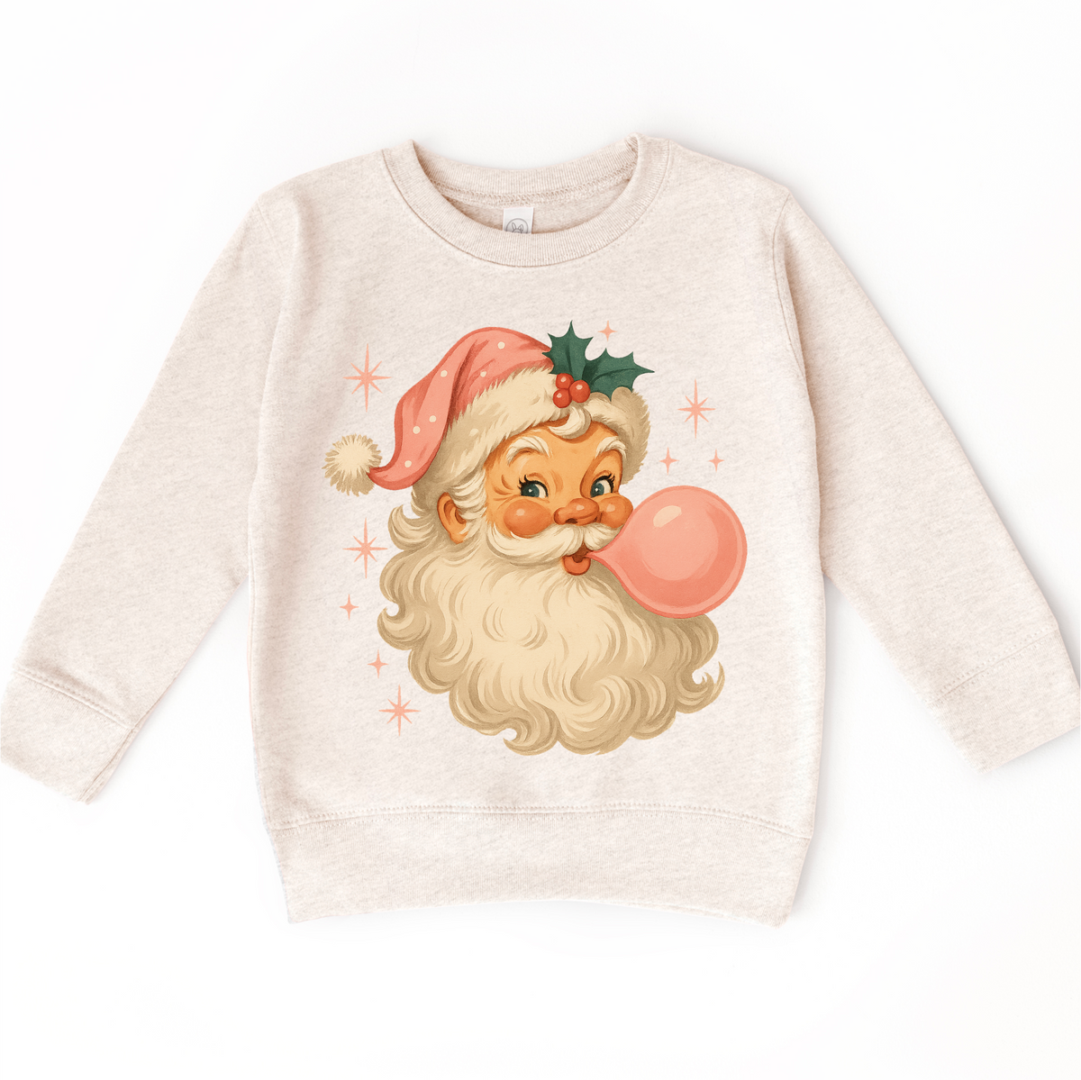 Vintage Santa Clause Blowing A Bubble Christmas on natural kids sweatshirt