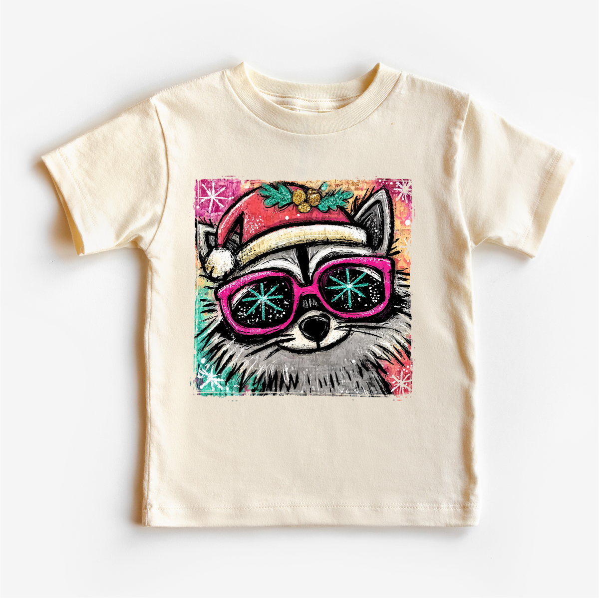Christmas Raccoon Festive design on a natural garment.