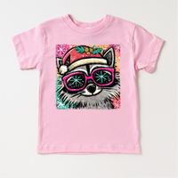 Christmas Raccoon Festive design on a pink garment.