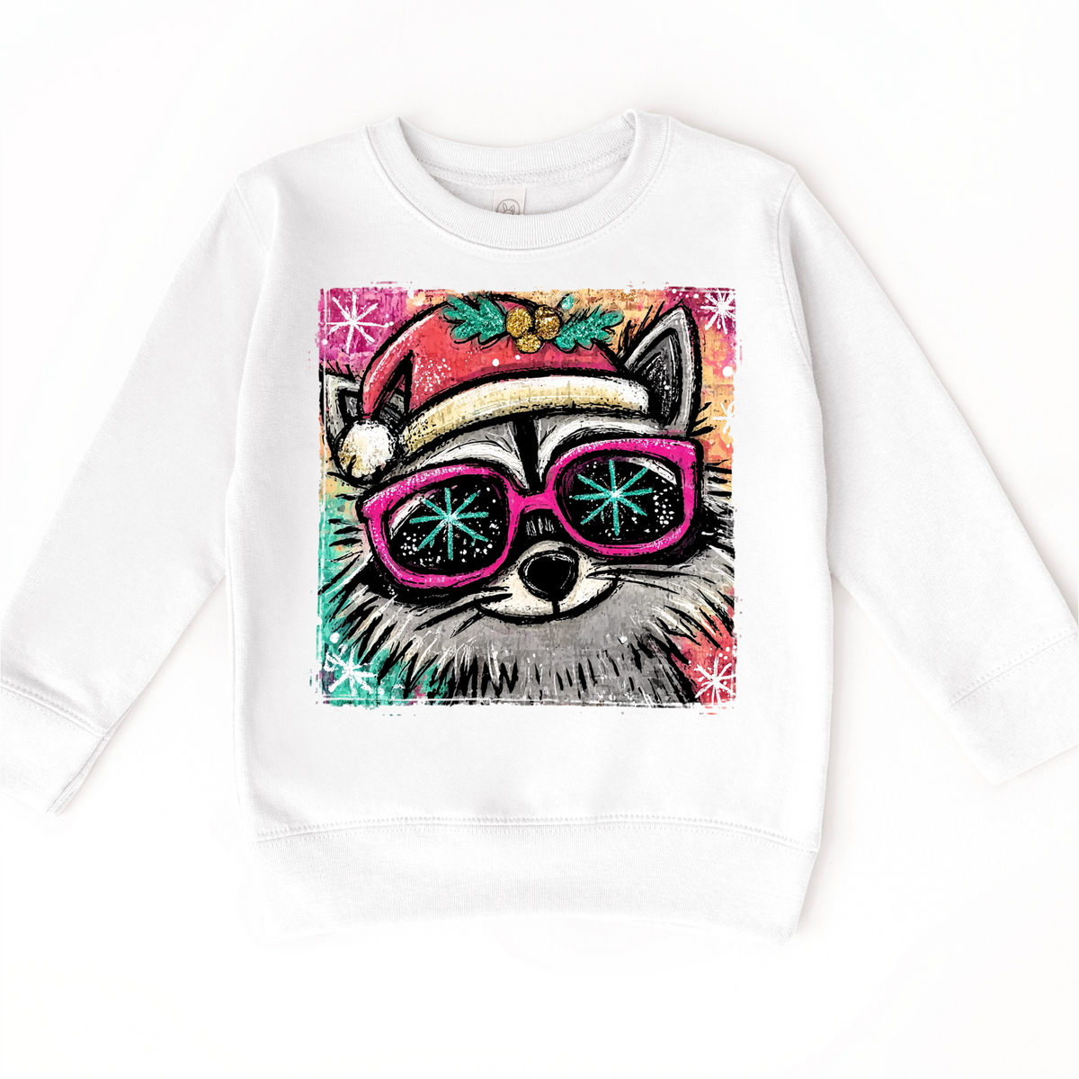 Christmas Raccoon Festive design on a white sweatshirt.